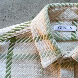 Gustin Monster Rope Shirt Cotton Button-Up Tan & Green Plaid USA Made Sz Medium